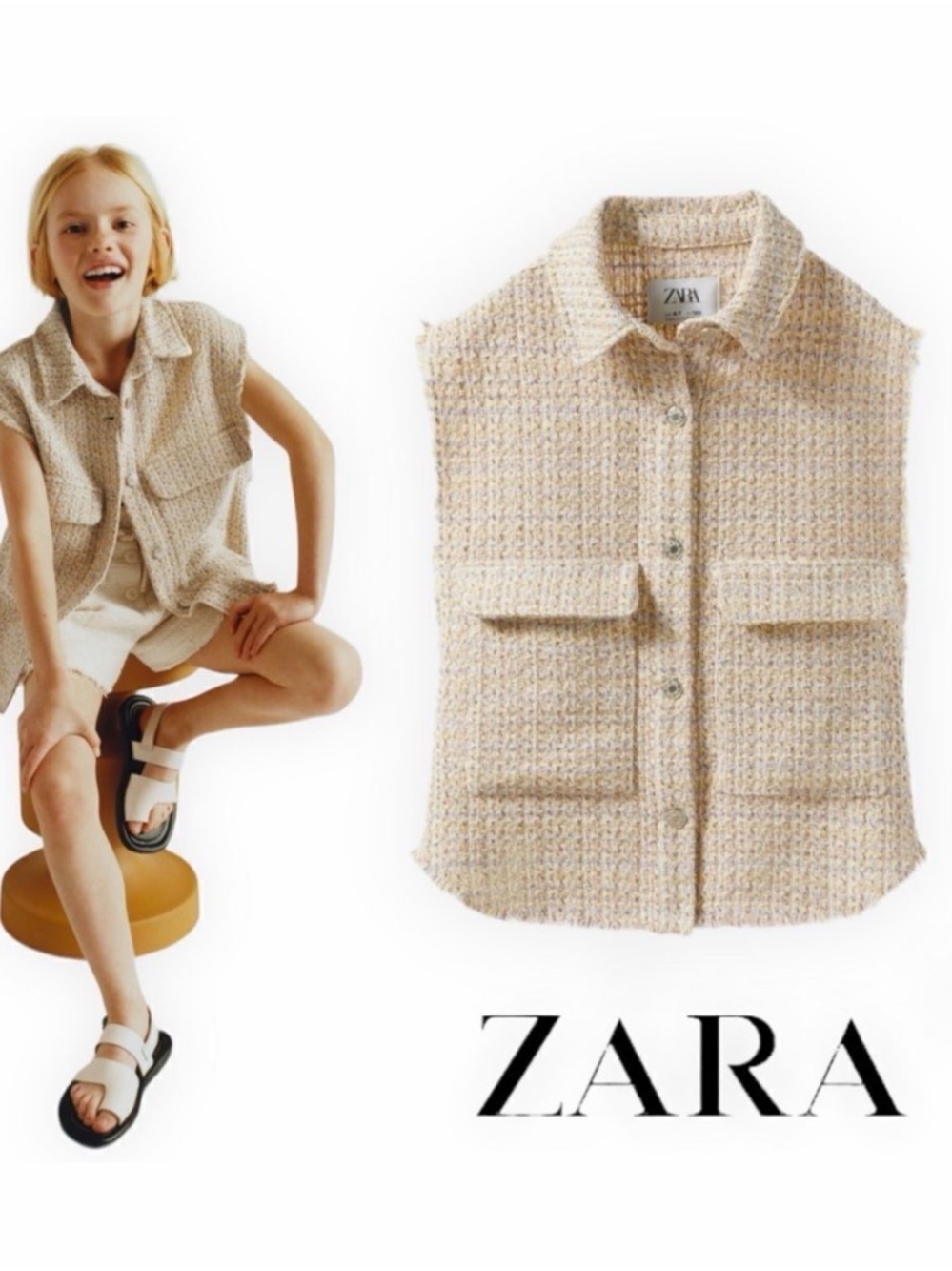 Zara Kids Textured Tweed Button-Down Vest